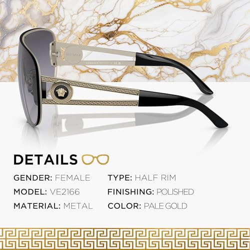 Versace VE2166 41mm Non-Polarized Aviator Sunglasses for Women – Pale Gold Metal Frame with Black & Gold Temples, 100% UV Protection, Lightweight & Comfortable Sunglasses, eShades Eyewear Kit Included2