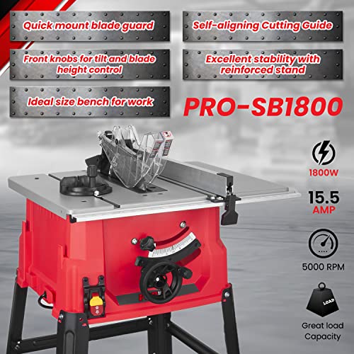 Promaker Table Saw, 10-Inch 15.5-Amp 5000Rpm 1800W, Benchtop Table Saw, From 0-45º Up To 0º-90º Bevel Cut. Table Saw 10 Inch With Metal Stand For Woodworking Including A Saw Blade. Pro-Sb1800 #TOP2
