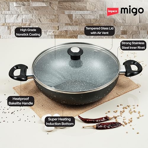 Impex Nonstick Aluminium Kadai Pan with Glass Lid Non Stick Cookware with Induction Base and Heatproof Handles | PFOA Free | Heat Resistant... - Image 4