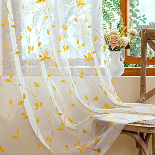 AmHoo 2 Panels Embroidered Leaf Pattern Semi Sheer Curtains Foliage