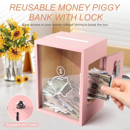 Mczxon Clear Piggy Bank with Lock, Large Money Saving Jar Money Bank Box Container for Cash Saving, Openable Clear Money Coin Change Bank Jar Container Penny Piggy Jar Bank for Adults Kids, Pink - Thumbnail 3