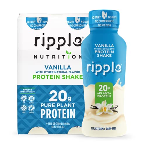 Ripple Vegan Protein Shake | Vanilla | 20G Nutritious Plant Based Pea Protein | Shelf Stable | No Gmos, Soy, Nut, Gluten, Lactose | 12 Oz, 4 Pack #TOP16