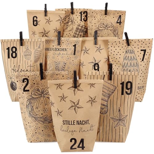 Papierdrachen Extravaganter Adventskalender 2025 zum Befüllen - mit 24 braunen Geschenktüten und 24 Zahlenaufklebern - Motiv Christmas - zum Basteln und Verschenken - Weihnachten & Advent