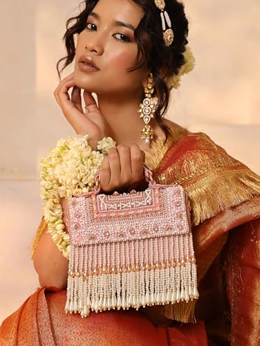 Image of THE TAN CLAN Kiara Beige Flap Over Bag Clutches for women Purses Luxury Evening Handbags for ladies with Handle