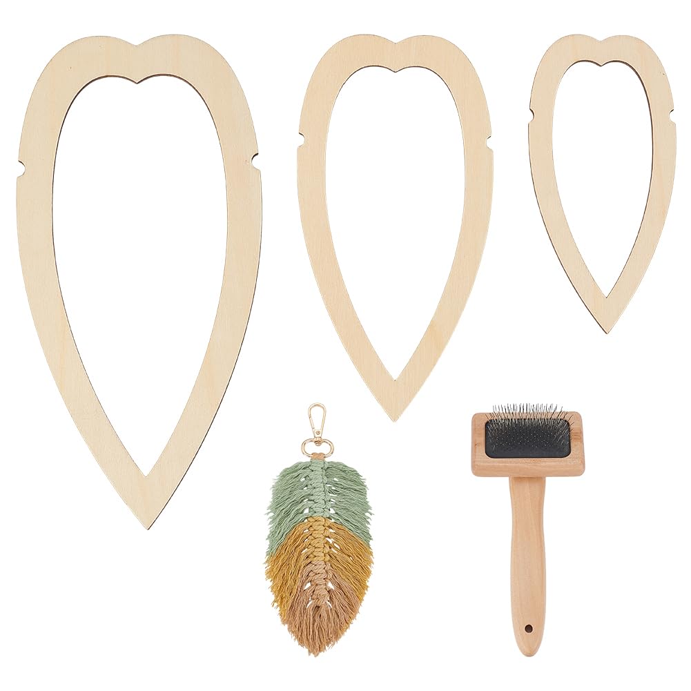 BENECREAT 4Pcs Macrame Supplies Set, Wooden Macrame Leaf Template, 3Pcs Cutting Molds and 1Pcs Stainless Steel Comb for Making Macrame Feather Tassel, Slim Teardrop