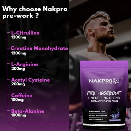 Image of NAKPRO Pre Workout Supplement Powder With 100Mg Caffeine, 1200Mg Creatine Monohydrate And 1200Mg Citrulline|Helps In Lean Muscle Building, Improves Workout Performance - 50 Servings (Blueberry, 250G)