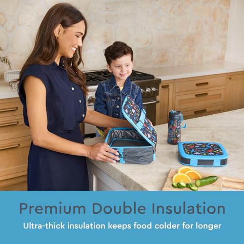 Bentgo® Kids Lunch Bag - Confetti Designed Insulated Lunch Bag for Kids 3+; Holds Lunch Box, Water Bottle & Snacks; Easy to Clean, Water Resistant, & Zip Pockets (Confetti Edition - Abyss Blue)
