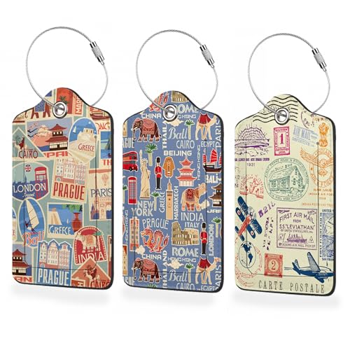 3 Pack Luggage Tags,Retro Travel Stickers PU Leather Luggage Tags for Suitcase,Name ID Labels with Privacy Cover Suitcases and Metal Loop for Travel Bag Suitcase