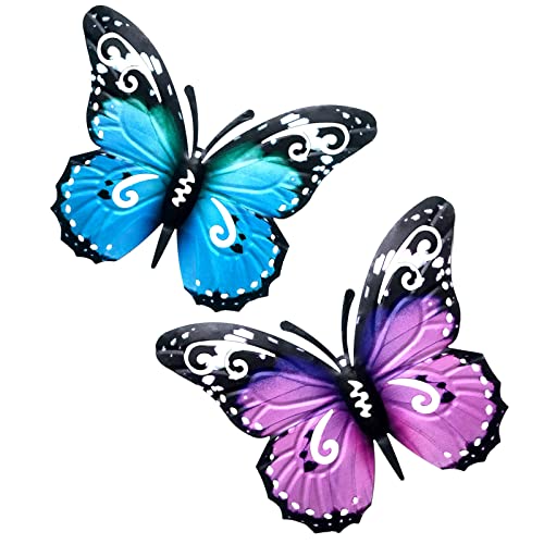 VEGCOO 2 Stücke Metall Schmetterlinge Deko, Outdoor Große Garten Dekorationen,Wanddeko Metall, Wand Dekor, Gartenskulpturen für Indoor und Outdoor Zaun Garten Zäune Schuppen Wände Wandkunst