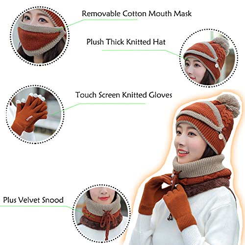 Winter Hat Scarf Set for Women Knit Fleece Lining Beanie Scarf Mouth Cover Set2