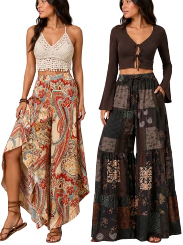 Image of GRECIILOOKS Boho Printed Wide Leg Palazzo Pants for Women, Flowing High Waist Rayon Trousers for Beach, Vacation, Lounge, and Summer Style