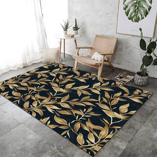 Tappeto lavabile antiscivolo Colore nero Colore dorato Tappeto morbido e grande 80 x 150cm Tappeto Modello semplice di foglie di salice Tappeto stampato a tema per soggiorno camera da letto