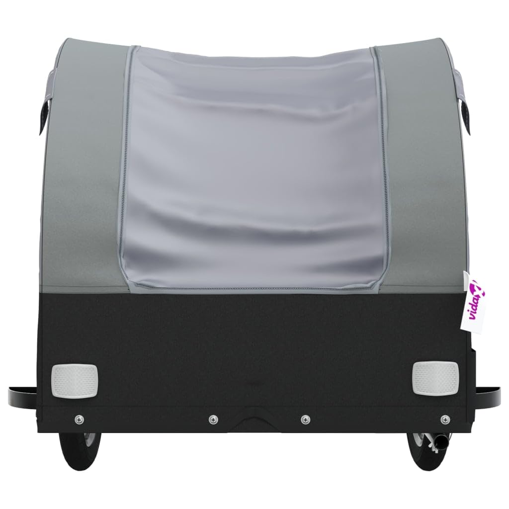 Przyczepa rowerowa, czarna i szara, wykonana z wytrzymałego żelaza, nośność 30 kg, koła 29 cm, sprzęgło dyszowe, flaga bezpieczeństwa, składana, do transportu bagażu, dzieci, psów