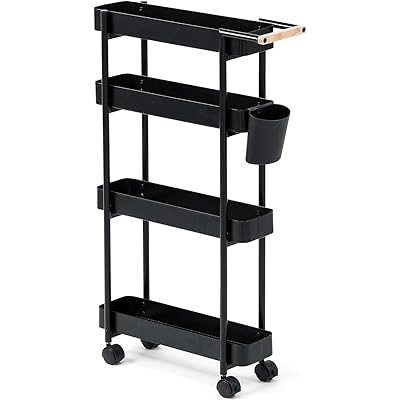 サンワダイレクト キッチンワゴン キャスター付きワゴン スリム 4段 幅17×奥行52×高さ84cm 耐荷重20kg 取っ手/ポケット収納付き ワゴン 収納 ブ …