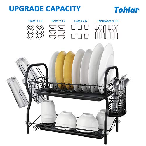 Dish Drying Rack, 2-Tier Kitchen Organizer with Drain board/Cup Holder, Dish Rack Matte Black Tohlar - Thumbnail 2