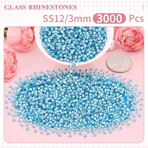 Image of 3000PCS SS12 /3mm Crystal Glass Rhinestones for Bedazzling (Aquamarine) | Flatback Rhinestones for Crafting DIY Nail Art Makeup Decoration, Gems Diomand Charms for Tumbler Shoes Clothing Mug