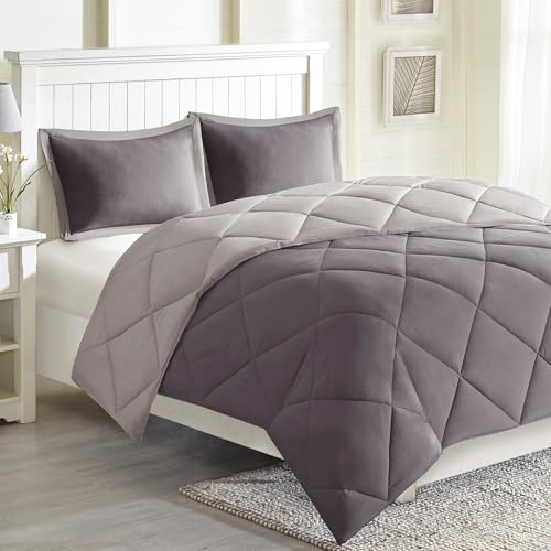 Image of Madison Park Comforter Set, Reversible Down Alternative All Season Microfiber Bedding, 3M Scotchgard Stain Release, Full /Queen Dorm Comforter, Charcoal /Grey