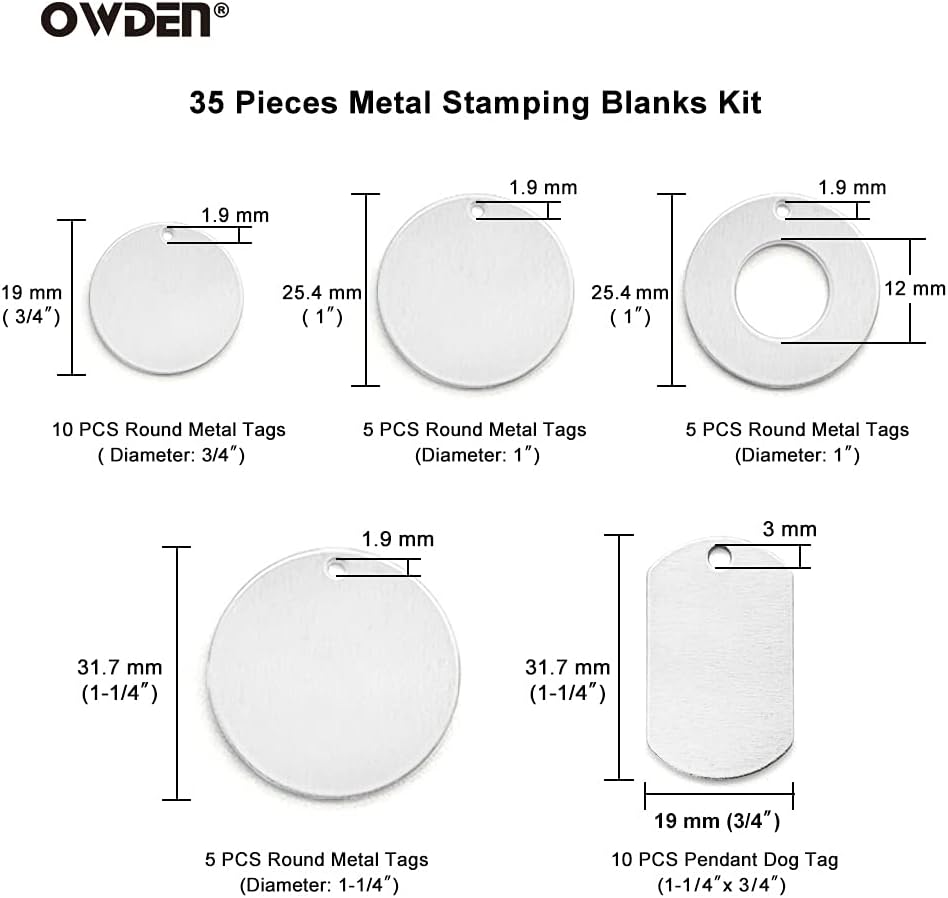 OWDEN Premium 5 Styles Stamps Blanks,Aluminum Metal Stamping Blanks Tags for Jewelry Working, with a 1.9mm Hole and Thickness:1.5mm