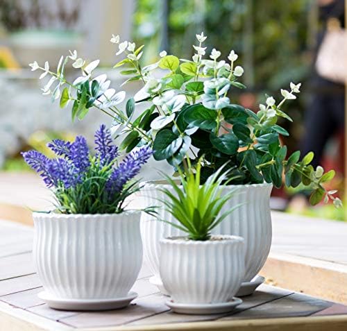 Nattol Ceramic Flower Plant Pots with Saucers, Modern Round Ceramic Succulent Planter Pots with White Stripe Texture, Small to Medium Sized, Set of 3