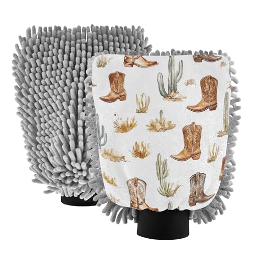 Western Cowboy Boho Cactus Boots Wash Mitt Microfiber 2 Pack Car Washing Gloves Non Scratch Detailing Sponge for Wash Drying