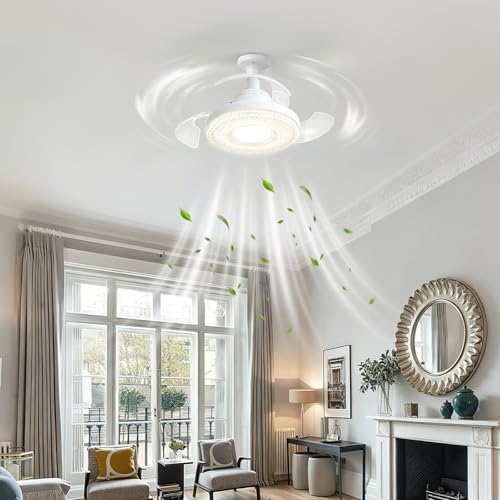 YYSWSAKY Ventilador de Techo con Luz, 40CM Pequeño Lampara Lampara Ventilador Techo, Asas ocultas, 4 Velocidades, E27, Silencioso, Regulación de la Intensidad, Abanico para Interior Dormitorio Sal (A)
