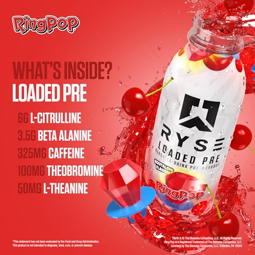 Image of RYSE Loaded Pre Workout Drink - Ring Pop Cherry - Sugar-Free, Ready to Drink Energy Supplement with 325mg Caffeine, Citrulline & Beta Alanine for Focus & Pump - 12 fl oz Bottles (Pack of 12)