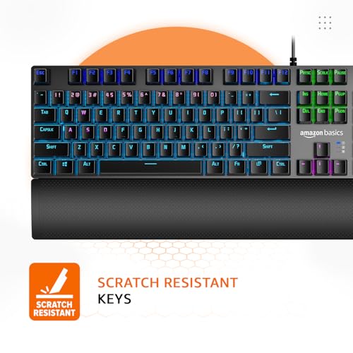 Image of amazon basics Pro Series Mechanical Gaming Keyboard with Drive Customization|RGB LED Lights|Media Control Knob|High-Response Mechanical Switches|Wrist Support|Durable Keycaps|Plug & Play (Black)