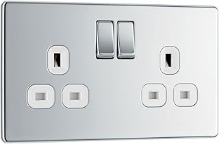 BG Electrical FPC22W-01 Double Switched Screwless Flat Plate Power Socket, Polished Chrome with White Inserts, 13 Amp