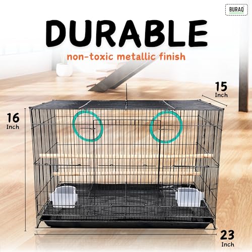 Image of BURAQ 2 Ft Metal Birds Cage With 3 Swing Bird Toys - Best For Love Bird Cages | Parrot | Parakeet | Hammock | Large Bird Cage (Size - 23.5 inch Long, 16.5 inch Wide And 16 inch Height), Black