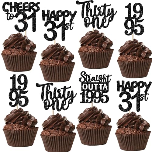 30PCS Black 31st Birthday Cupcake Toppers Glitter Thirty One Happy 31st Straight Outta 1995 Cupcake Picks for Cheers to 31 Years Birthday Wedding Anniversary Party Cake Decorations Supplies
