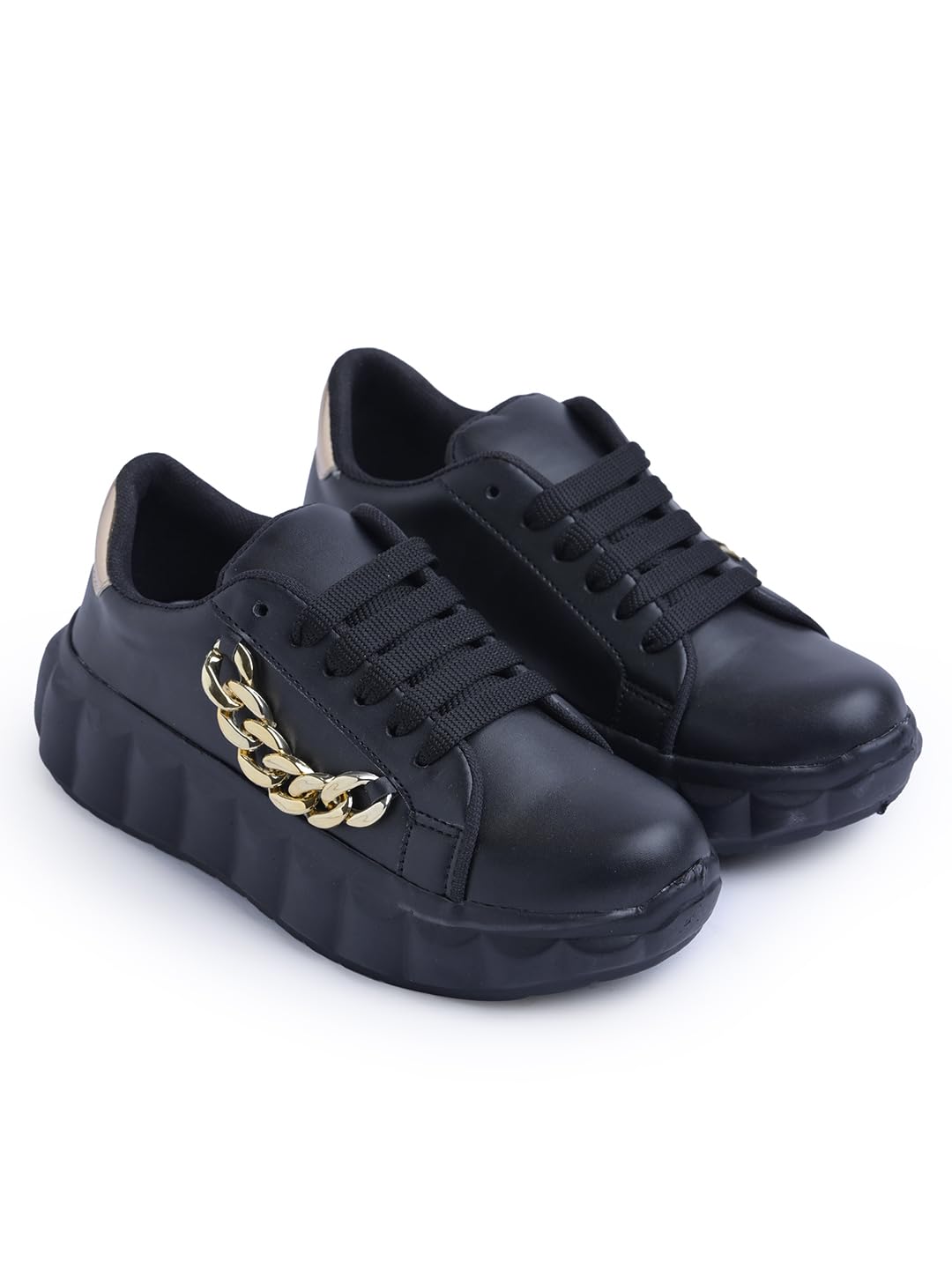 jm looks Women's Chunky Platform Sneakers Stylish Lace-up Casual Shoes Comfortable Stylish with Golden Chain Detailing and Bold Sole Design-picture-54