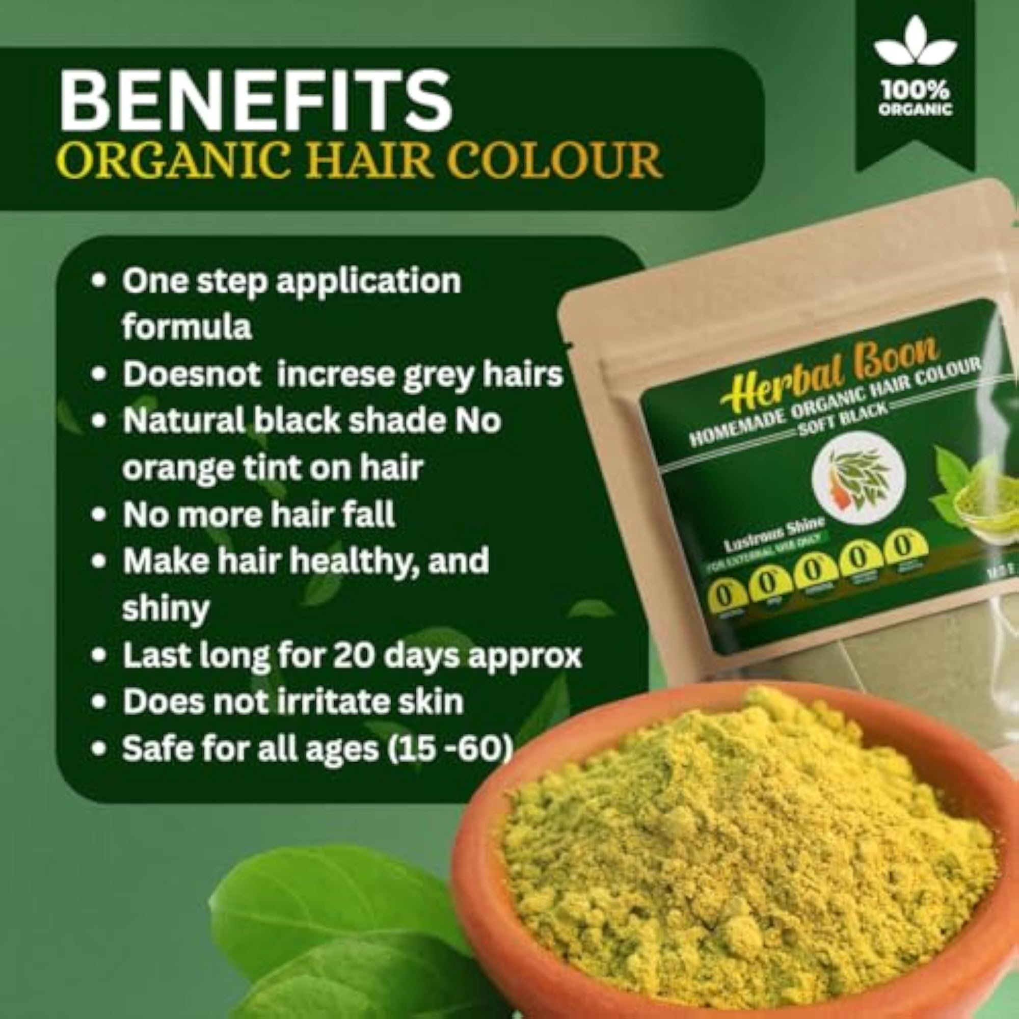 Homemade Organic Soft Black Hair Colour Powder, 100% Natural