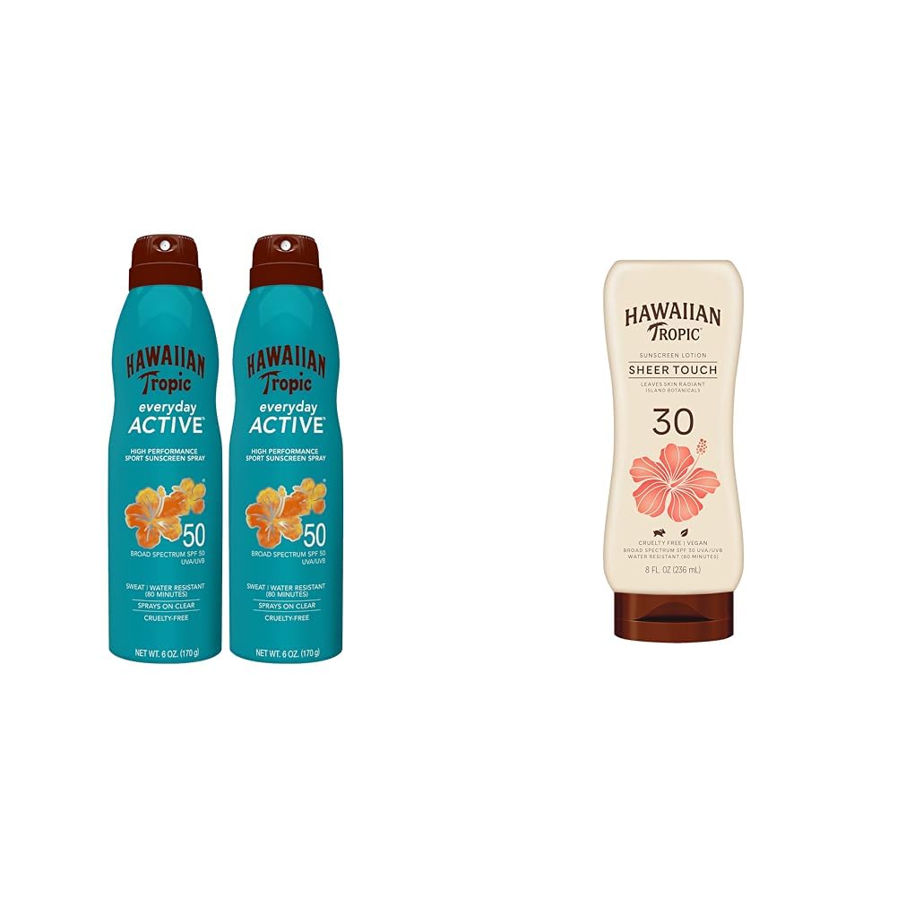 Hawaiian Tropic Everyday Active Spray SPF 50 Twin Pack and Sheer Touch Ultra Radiance Lotion SPF 30