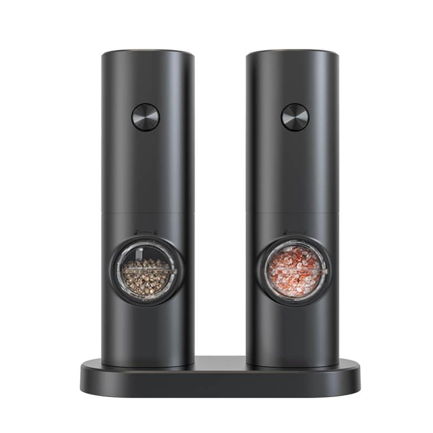 Two black electric salt and pepper grinders standing upright on a black base, one filled with black peppercorns and the other with pink Himalayan salt.