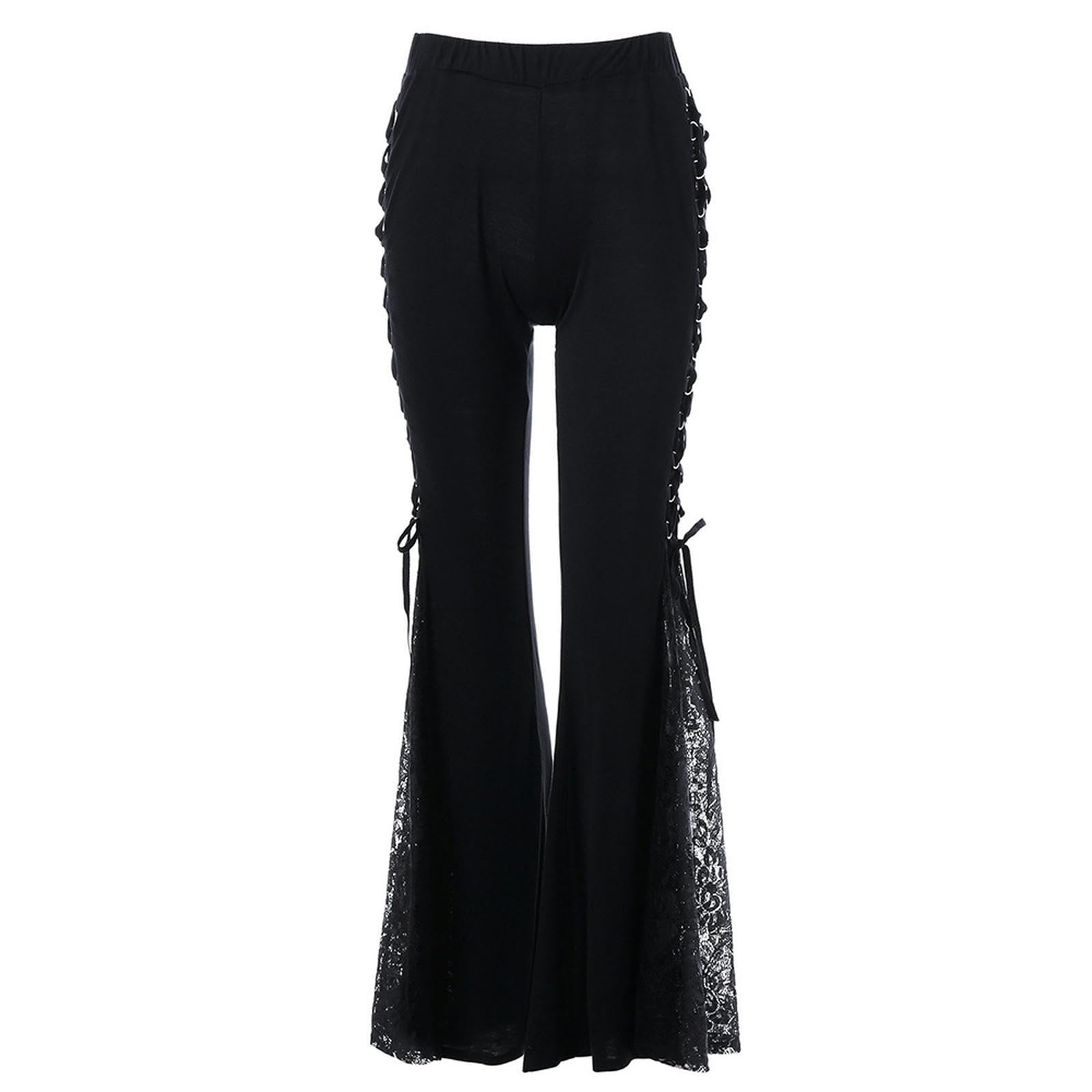 Gothic-Spitzen-Flare-Hose, Schnürung, Patchwork, schmale Hose, modische Bandage, seitlich durchsichtig, europäischer Stil, lässige Schlaghose, Damen-Style6-L
