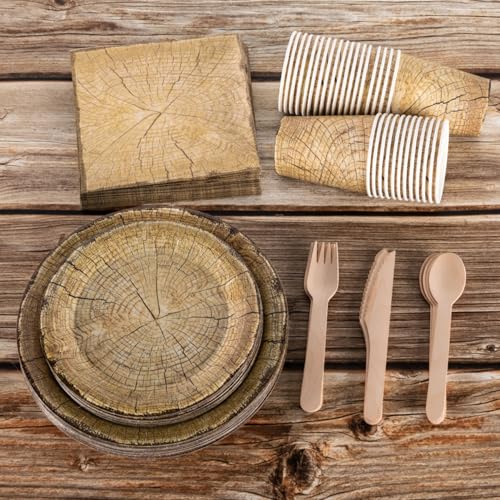 Set di stoviglie effetto legno per 30 ospiti, piatti di carta, bicchieri, tovaglioli e posate in legno, per matrimoni e picnic, compleanni, feste di Natale - immagine 6
