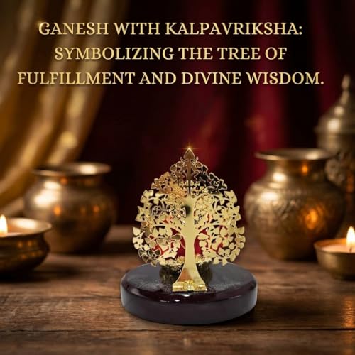 Image of Gold Plated Kalpavrikshya Tree Ganesh Idol Ganpati Murti for Car Dashboard, Office Desk, Hindu God Gift & Home Decor - Resin (Red) - 3 Inches - Pack of 1