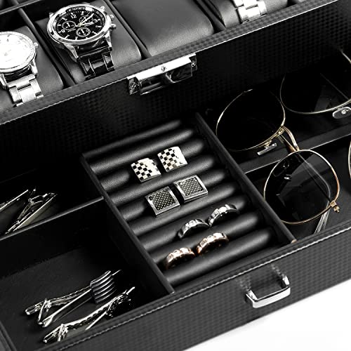 Bastuo Watch Box For Men, 12 Slots Luxury Watch Case Display Organizer, Jewelry Box With Carbon Fiber Design & Leather Pillows, Black #TOP7