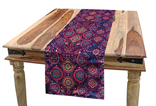 Lunarable Batik Table Runner, Eastern Droplet-Shaped Paisley Inspired Traditional Forms Vivid Colors Image, Dining Room Kitchen Rectangular Runner, 16" X 72", Purple Pink #TOP24