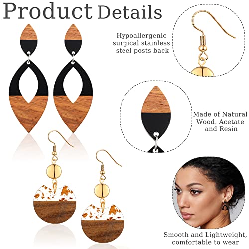 Henoyso 12 Pairs Wooden Earrings for Women Boho Dangle Geometric Lightweight Studs Resin Statement Earring3