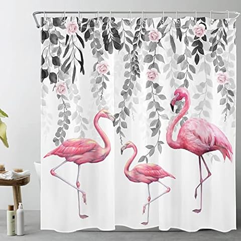 LB Pink Flamingo Shower Curtain with Hooks Cover