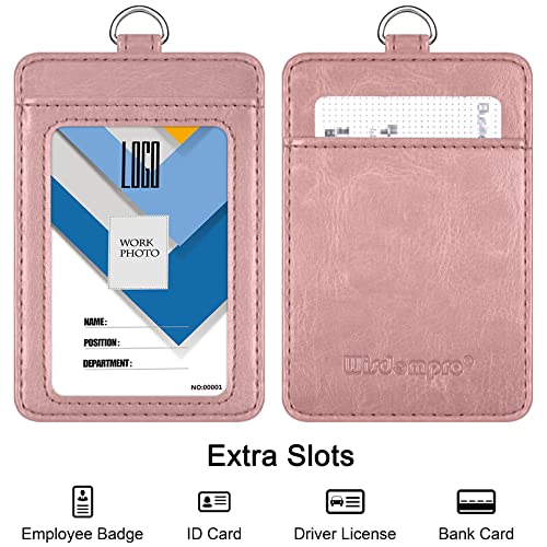 Badge Holder, Wisdompro 2-Sided Pu Leather Id Badge Card Holder Wallet Case With 1 Clear Id Window And 1 Credit Card Slot And 22 Inch Quick Rlease Detachable Neck Lanyard Strap-Rosse Gold (Vertical) #TOP1