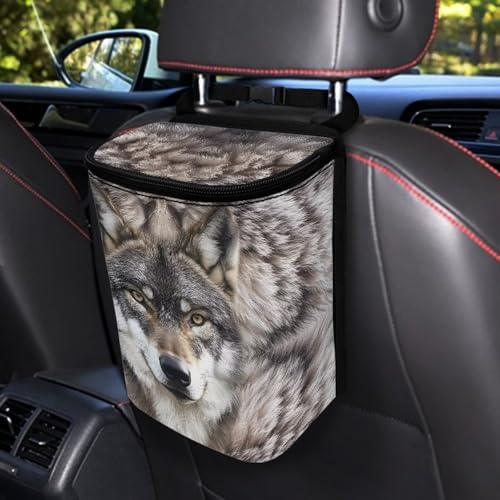 Image of Talayituse Wolf Print Car Trash Can with Lid, Leak Proof Auto Trash Bag Hanging Vehicle Garbage Can Multipurpose Storage Container for Back Seat Road Trip