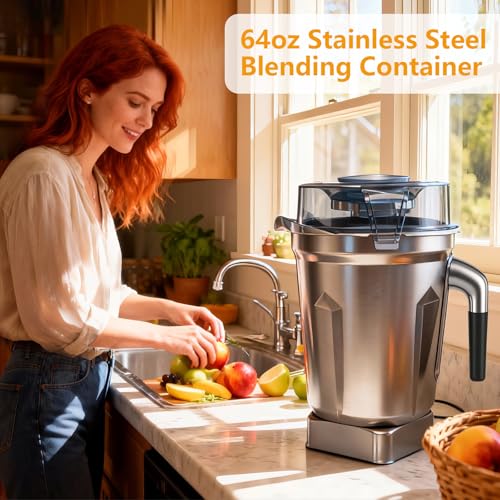 Image of Built-in Chip 64oz Stainless Steel Container Blender Pitcher, Replacement Jar Compatible with Vitamix 5200, 750, 6300, E310, Vm0103, Vm0197, E310, A2500, Explorian,Ascent Series, 5 Years Warranty