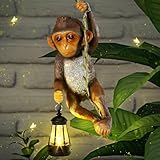 Rossesay Solar Light Outdoor Monkey Statues Brown 13.78 Inch Resin Chimpanzee Baby Monkey Climbing on Vine with LED Lantern Waterproof Hanging Figurine with Hook for Yard Garden Wall