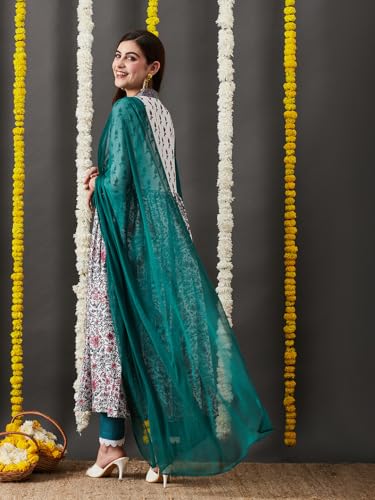 Image of GoSriKi Women's Cotton Blend Anarkali Printed Kurta with Pant & Dupatta