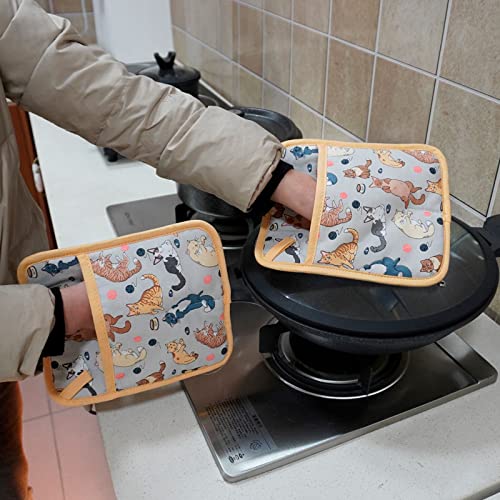 Pot Holders Set Of 2 Heat Resistant 480℉ Kitchen 100% Cotton Comfortable Lining Printing Fox Flower Women Men Home Cooking Baking Microwave Bbq Gift (Cat Potholder) #TOP7