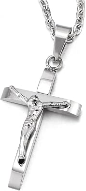 COOLSTEELANDBEYOND Two-Layer Small Stainless Steel Small Jesus Christ Crucifix Cross Pendant Necklace for Men Women