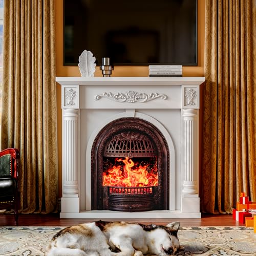 Image of 45 Inch Electric Fireplace with Mantel, Solid Wood Fireplace TV Stand, Roman Column Fireplace Entertainment Center, Electric Fireplace Heater with Bronze Birdcage Insert for Living Room, White