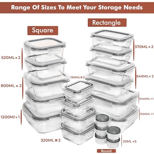 Image of Razab 35 Pc Set Glass Food Storage Containers with Lids - Meal Prep Airtight Bento Boxes BPA-Free 100% Leak Proof (15 lids,15 glass & 5 Plastic Sauce /Dip Containers)